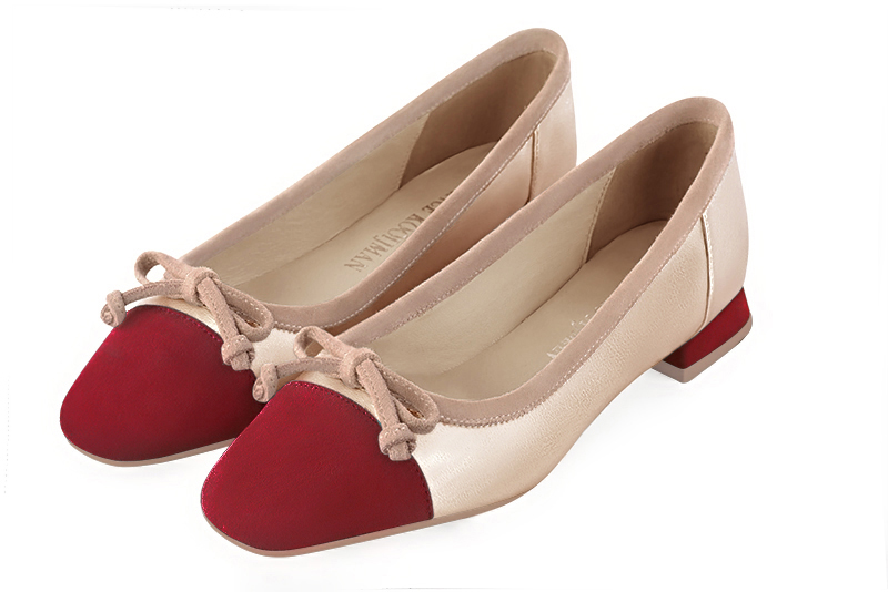 Cardinal red, gold and biscuit beige women's ballet pumps, with low heels. Square toe. Flat flare heels. Front view - Florence KOOIJMAN